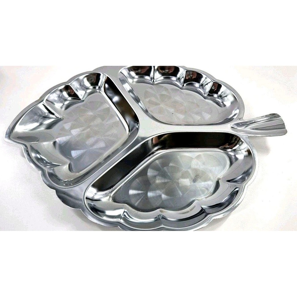 Vintage Chrome Plated Leaf Party Tray 3 Divided Compartments Snacks, Candy, Nuts